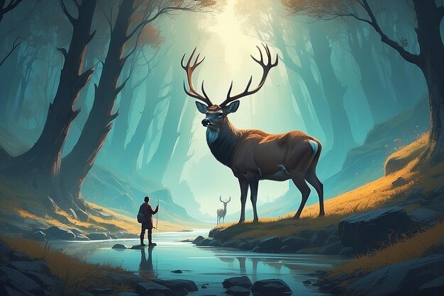 Photo the man with a magic lantern facing the giant deer in a mysterious valley digital art style illustration painting