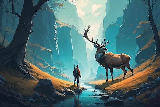 the man with a magic lantern facing the giant deer in a mysterious valley digital art style illustration painting