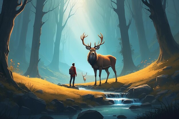 the man with a magic lantern facing the giant deer in a mysterious valley digital art style illustration painting