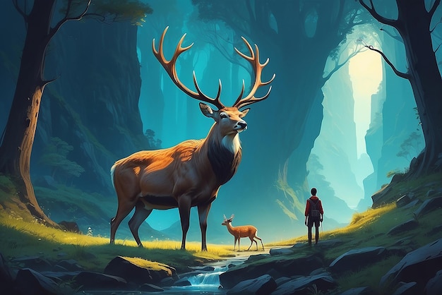 Photo the man with a magic lantern facing the giant deer in a mysterious valley digital art style illustration painting