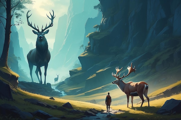 Photo the man with a magic lantern facing the giant deer in a mysterious valley digital art style illustration painting