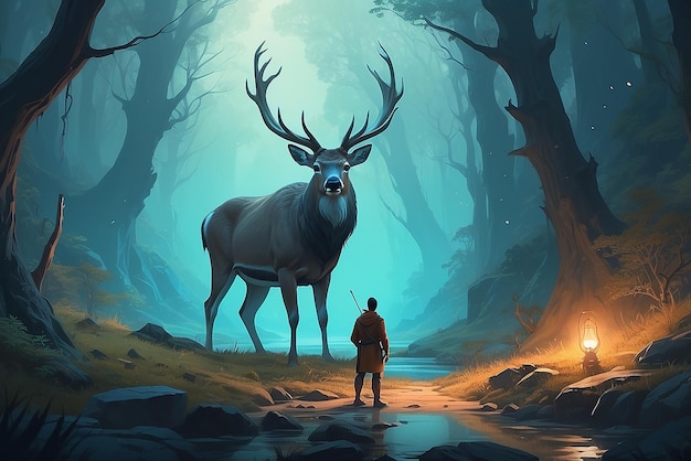 Photo the man with a magic lantern facing the giant deer in a mysterious valley digital art style illustration painting