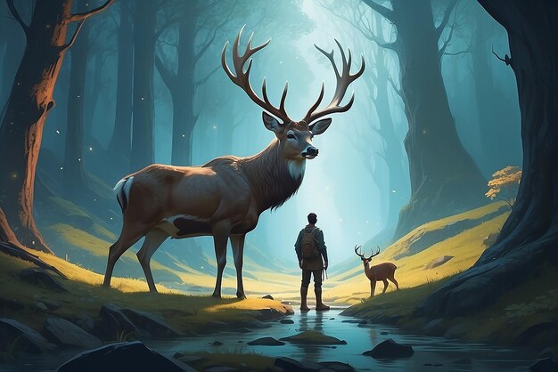 Photo the man with a magic lantern facing the giant deer in a mysterious valley digital art style illustration painting