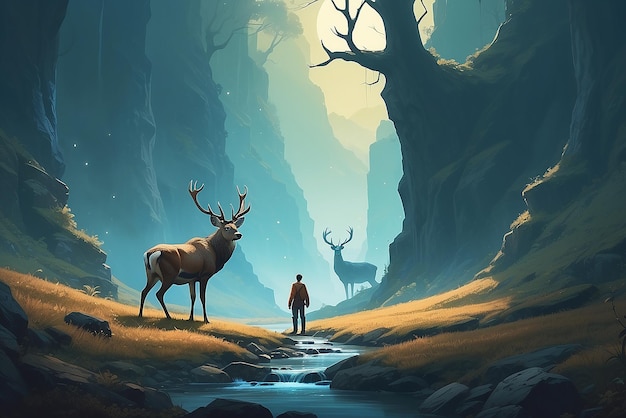 Photo the man with a magic lantern facing the giant deer in a mysterious valley digital art style illustration painting