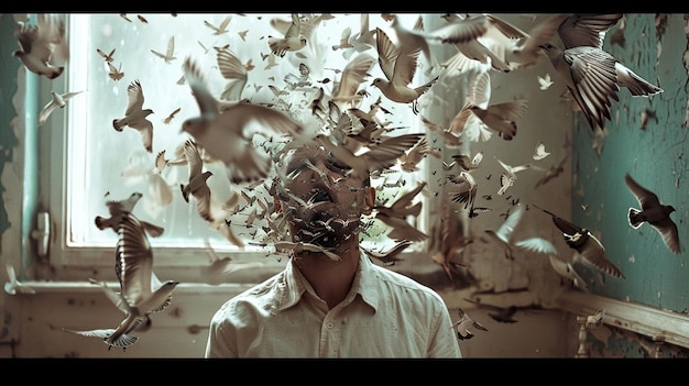 Photo a man with a mask on his head is covered with birds