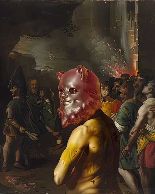 a man with a mask on his head is wearing a yellow shirt with a red mask on it