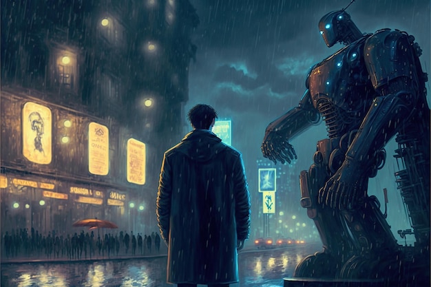 The man with the mechanical arm looking at the megacity at rainy nigh digital art style illustration painting fantasy concept of a man with the mechanical arm