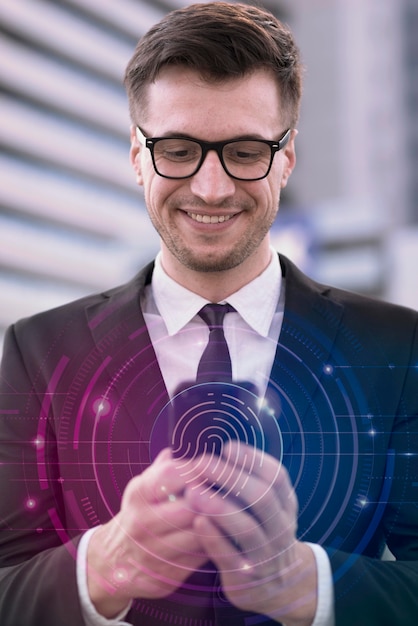 Man with mobile doing fingerprint scan