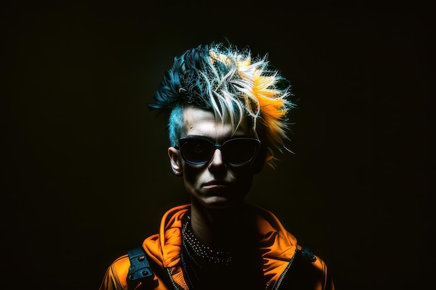 A man with a mohawk and sunglasses stands in a dark room.