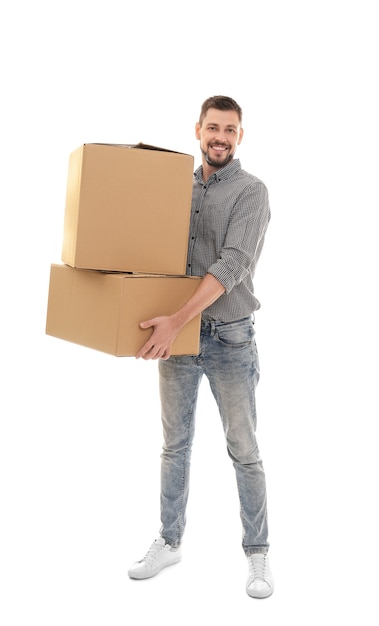 Man with moving boxes on white background