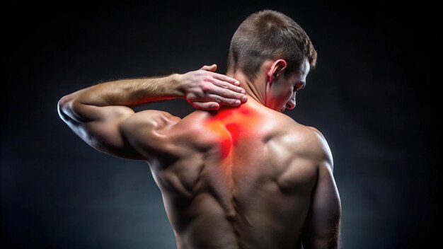 Photo a man with a muscular back has a pain in his back