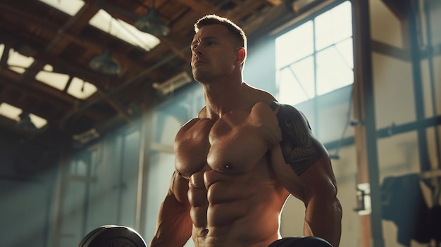 a man with a muscular body is standing in a gym with his arms outstretched