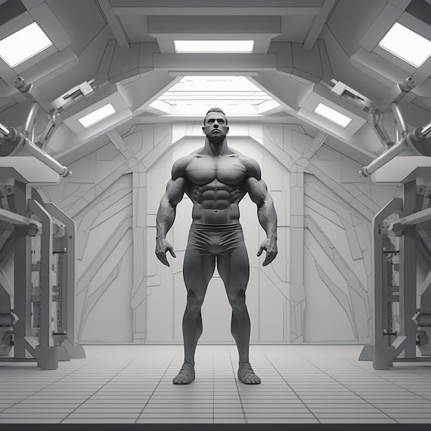 A man with a muscular body stands in a room with arms and arms.