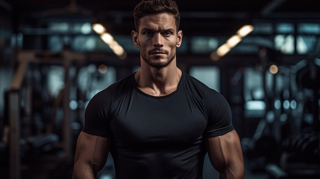 Man with a muscular physique wearing a black t-shirt standing in a fitness gym. AI-generated.