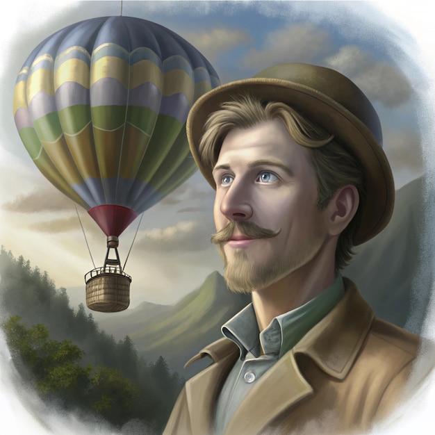 a man with a mustache and a hot air balloon in the sky