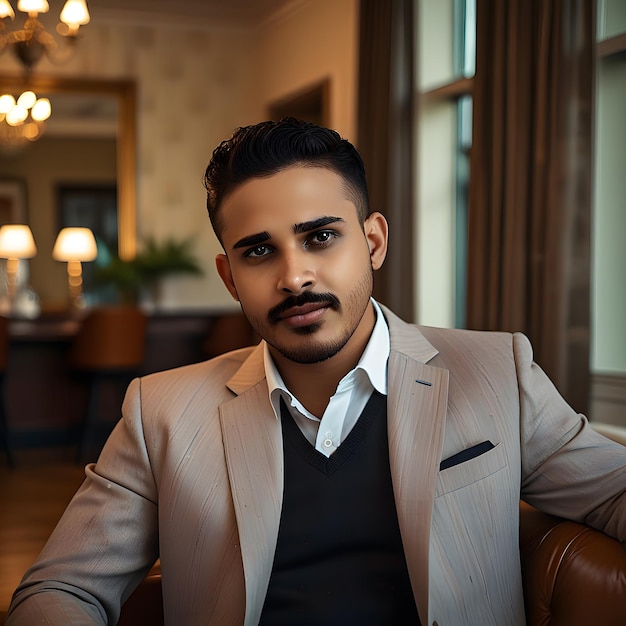 a man with a mustache sits in a chair in a room with a chandelier