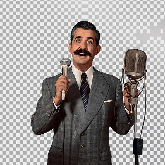 Photo a man with a mustache stands in front of a microphone