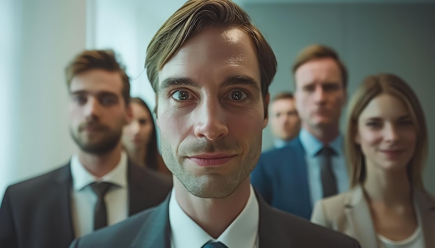 Photo a man with a mustache and a tie stands in front of a group of people