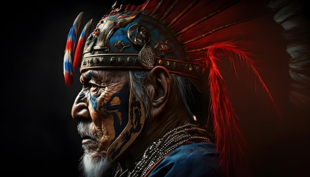 A man with a native headdress and a feather on his head