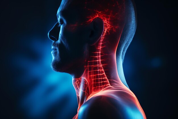 Man with neck pain images of the structure of the neurosystem of the head and pain zones d