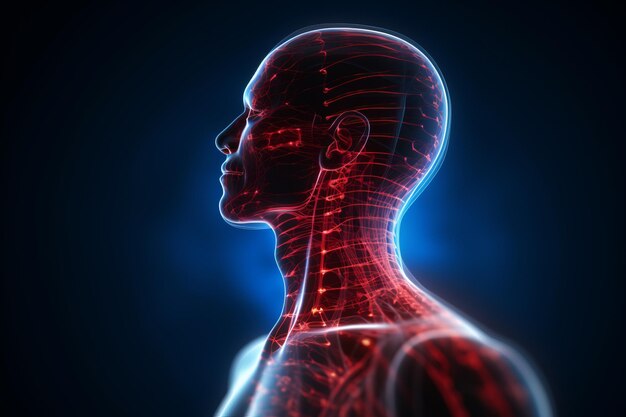 Man with neck pain images of the structure of the neurosystem of the head and pain zones d