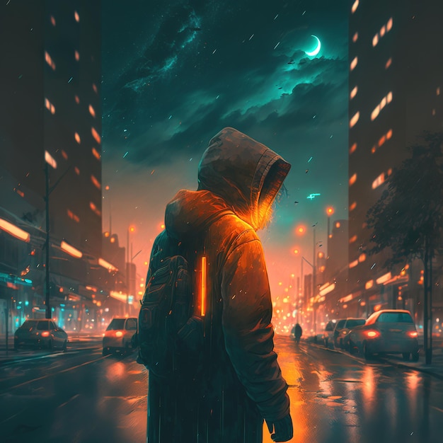 A man with no face shown stands on a road of city