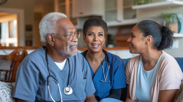 a man with a nurse and two women talking on a couch