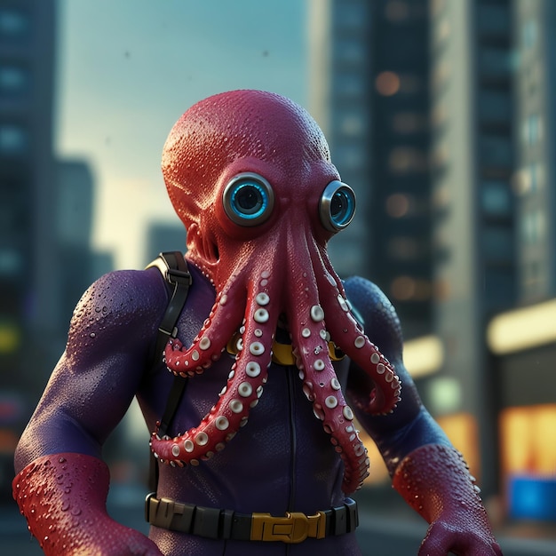 a man with an octopus on his chest stands in front of a building AI Generated