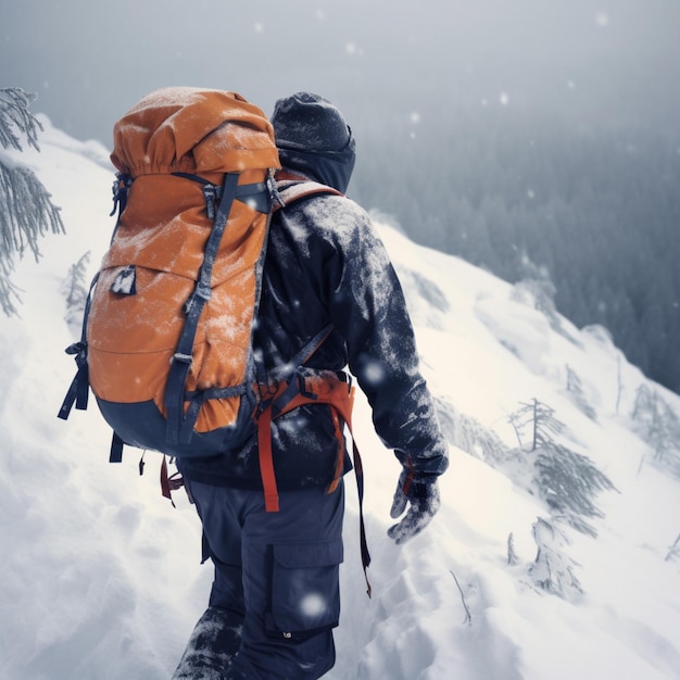 A man with an orange backpack is walking up a snowy mountain.