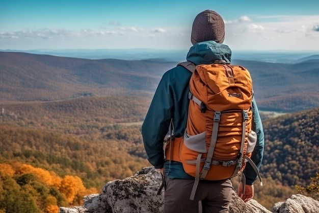 A man with an orange backpack stands on a mountain top looking at a valley.