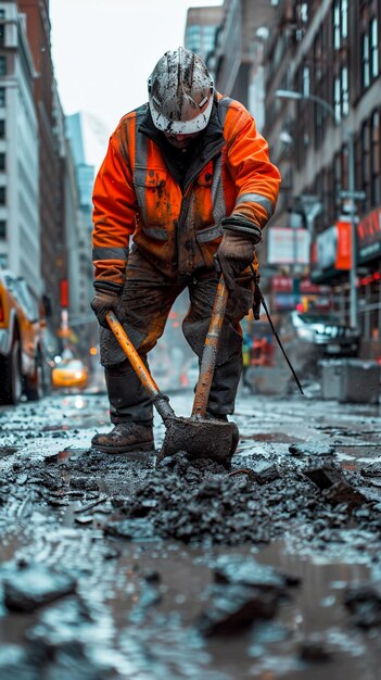 a man with an orange jacket and a black hat is digging in the mud