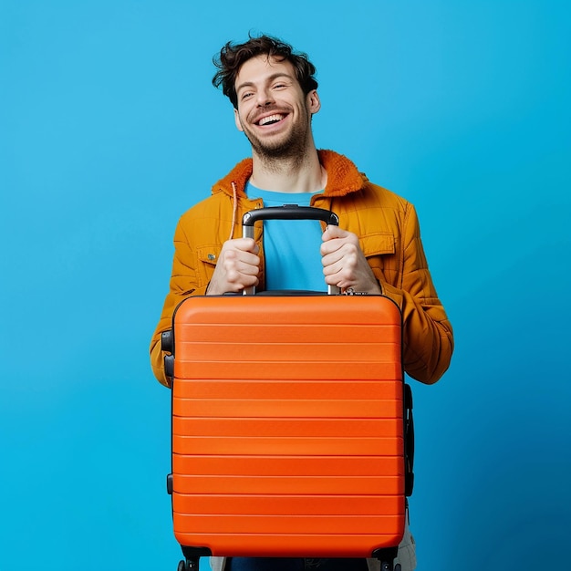 Photo a man with an orange jacket holding a suitcase with a blue background behind him