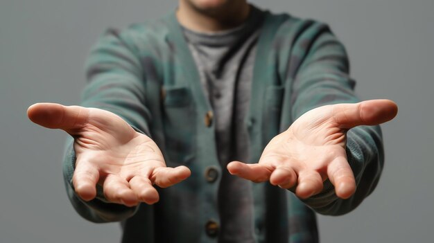 Photo man with outstretched hands reaching out giving a helping hand or asking for something