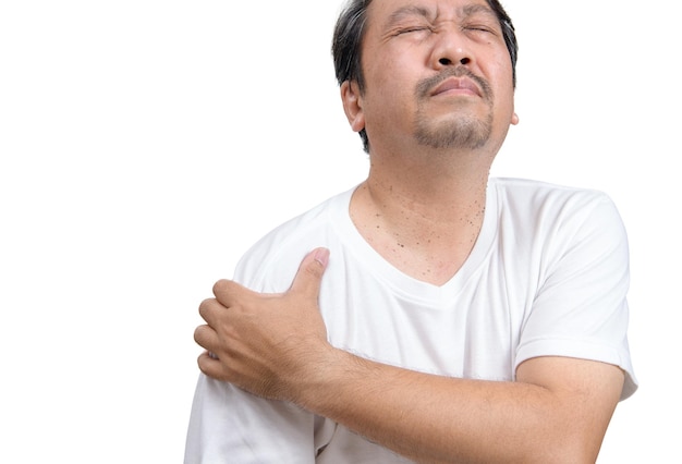 Man with pain in shoulder Pain in the human body isolated on white