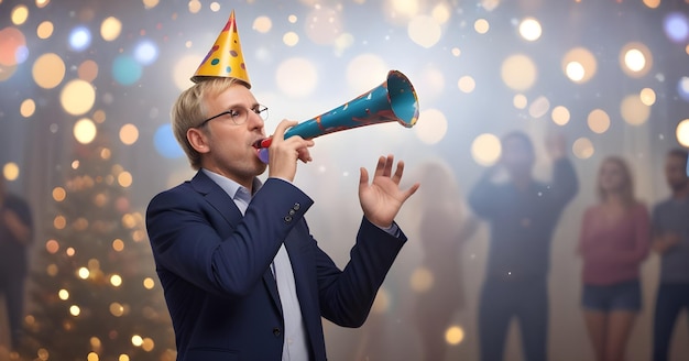 a man with a party hat is playing with a megaphone