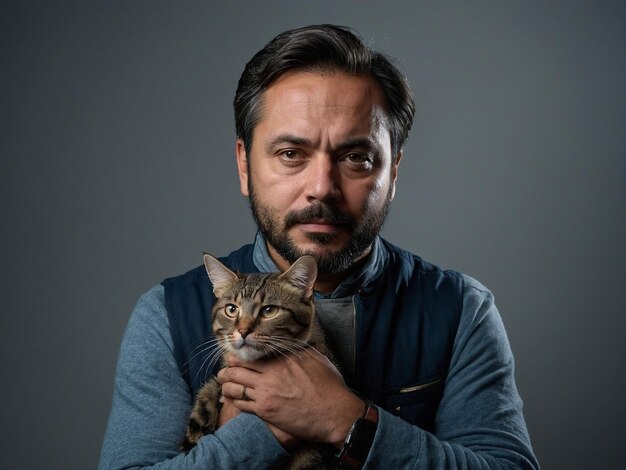 a man with a pet cat Standing with one hand on chin an_2