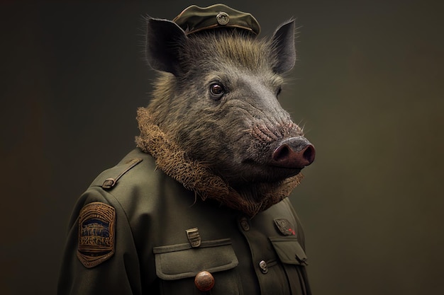 A man with a pig head wearing a military jacket.