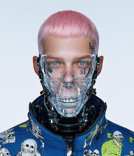 a man with pink hair and a mask on his face