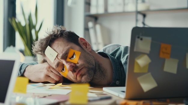 Photo a man with postit notes on his forehead leans on a cluttered desk in a brightly lit office looking exhausted