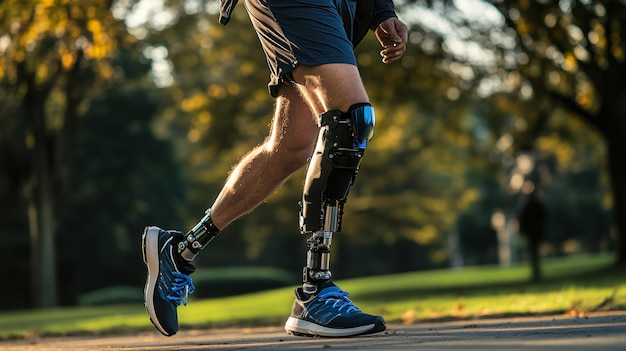 Photo a man with a prosthetic leg and knee brace is running on a road