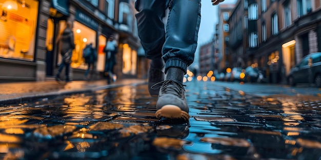 Photo man with prosthetic leg walking on street from low angle perspective concept physical fitness disability empowerment resilience inclusive lifestyle urban exploration