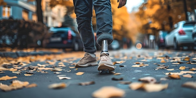 Man with prosthetic leg walking on street from a low angle view Concept Disability visibility Adaptive technology Urban mobility Inclusive society Amputee community