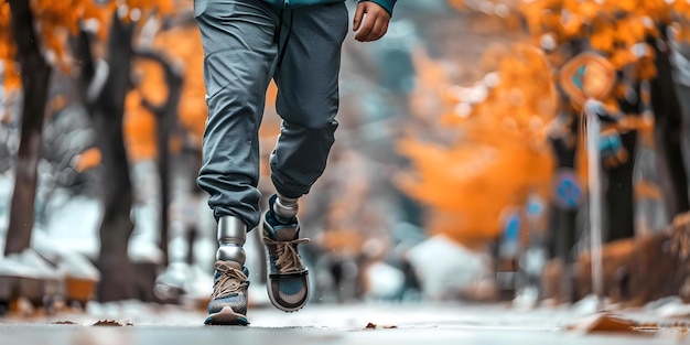 Photo man with prosthetic leg walking on street from low angle view concept prosthetic hurdles overcoming challenges adaptive lifestyle empowerment journeys