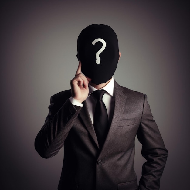 A man with a question mark on his face is wearing a black mask.