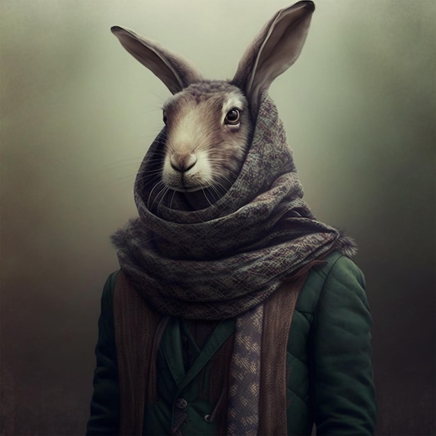 A man with a rabbit mask and a scarf is standing in front of a green background.