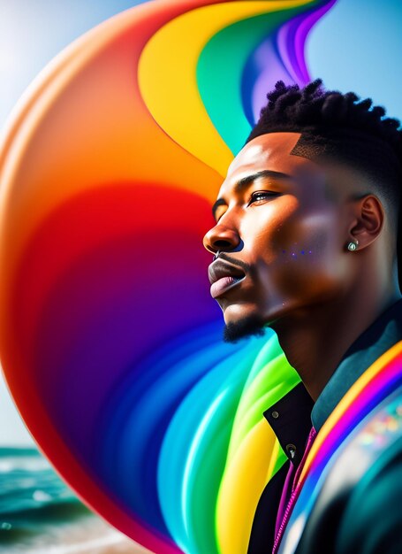 A man with a rainbow colored balloon