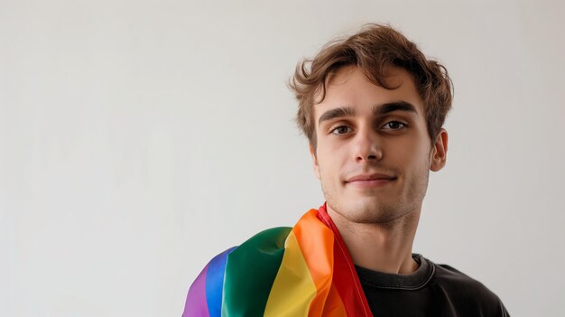 a man with a rainbow colored scarf on his head