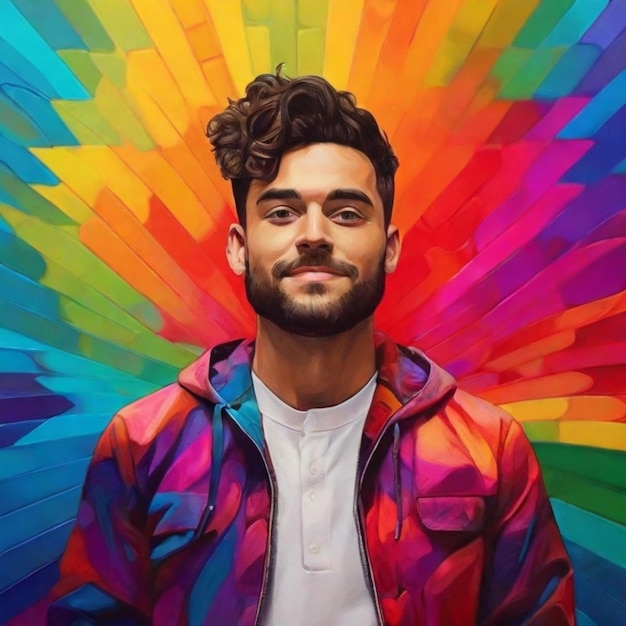 a man with a rainbow colored shirt is standing in front of a rainbow colored background