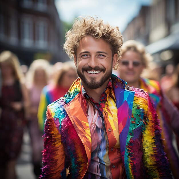 a man with a rainbow colored shirt is wearing a rainbow colored sweater