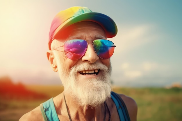 A man with a rainbow hat and sunglasses smiles for the camera